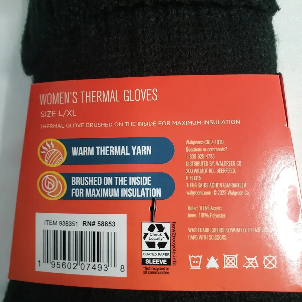 West‎ Loop Women's L/XL Insulated Thermal Gloves Black Cable Knit Winter New